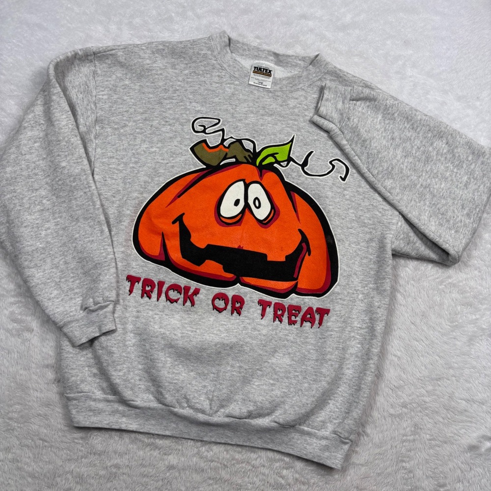 VTG 80s Tultex Sweatshirt Adult L Gray Halloween Pumpkin Trick or Treat MADE USA